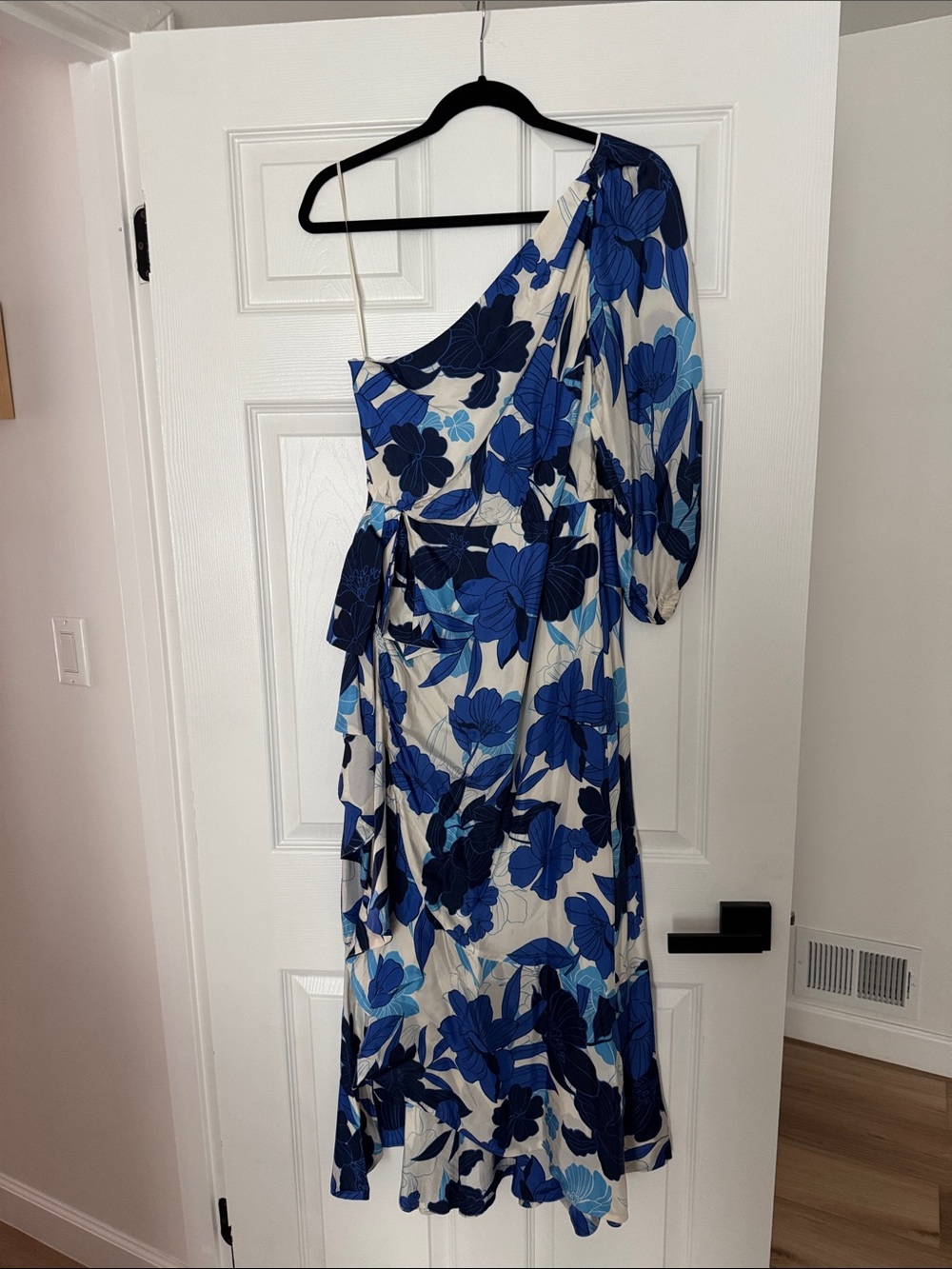 J. Crew One-Shoulder Floral Midi Dress in Blue and Cream